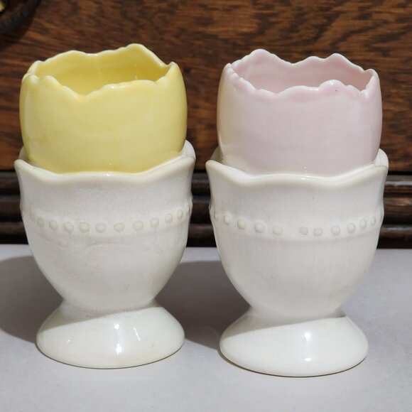 Unknown Other - Easter Egg Tealight Candleholders 4" pink yellow ceramic egg pedestal set of 2